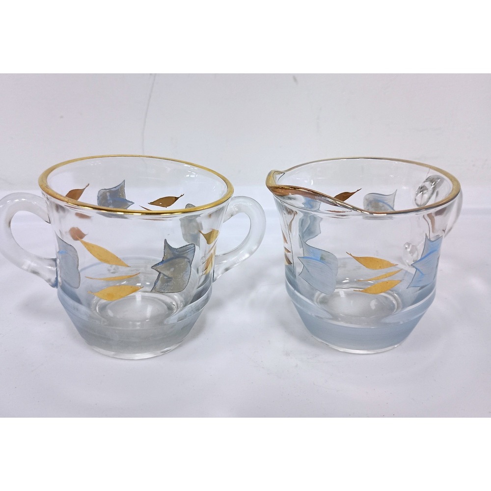 Vintage Bartlett Collins Creamer Sugar Bowl Set Glass Clear Blue Gold Leaf MCM